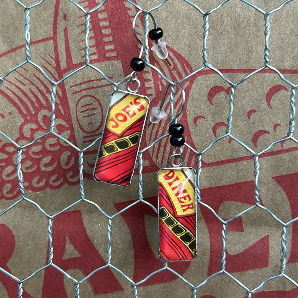 Trader Joe’s rectangular earrings red trolley